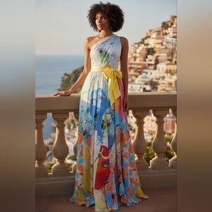 Designer One-Shoulder Maxi Dress – Abstract Print w/ Yellow Sash Alice + Olivia